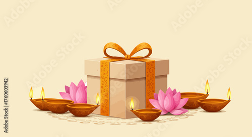 Vector Illustration of Gift Box with Lotus Flowers and Diya Lamps in Traditional Style