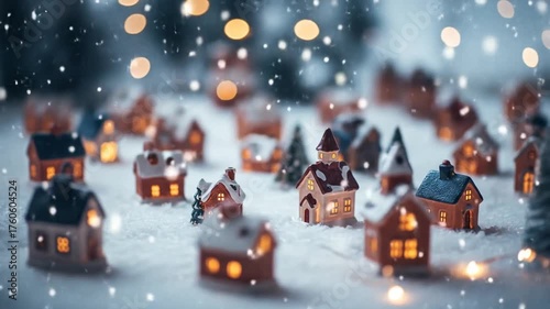 Miniature Christmas Village Scene with Snow Covered Houses and Warm Lighting in Cozy Holiday Setting