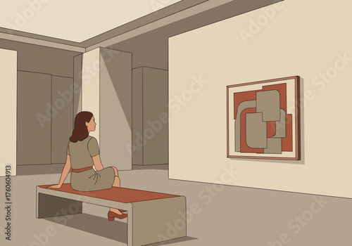 Young woman sitting on a bench admiring abstract artwork in gallery  