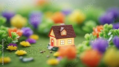 Miniature House Model Surrounded by Colorful Flowers in a Creative Scene with Soft Focus