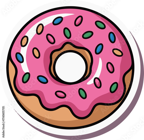 Illustration of a colorful sprinkle donut on pink background with delicious icing and shadow
