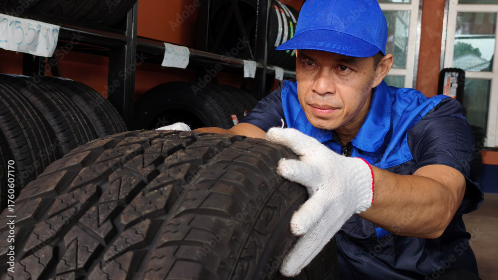 Φωτογραφία A technician inspects the quality of tires at a large, modern warehouse equipped with forklifts and piles of tires