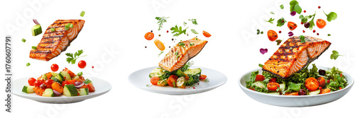 Grilled Salmon Dishes with Fresh Salads, isolated on transparent background. Health Food, Gourmet Meal, Protein