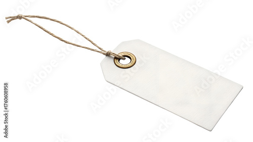 Blank white price tag mockup with string and metal grommet. Realistic label template for branding, clothing tags, and product packaging design. Isolated on transparent background (PNG) for easy custom