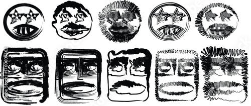 Set of Grunge Abstract Doodle Faces and Emotions Sketchy Rough Ink Hand Drawn Vector Icons


