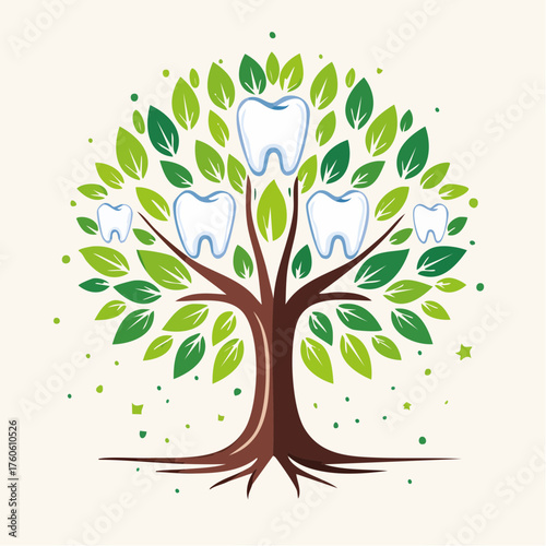 Dental health and wellness concept depicted through a symbolic tree of teeth and leaves