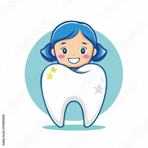 Dental hygiene illustration featuring a cartoon girl hugging a tooth, promoting oral care