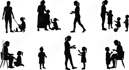 Adult and child silhouettes, parenting moment, teaching gesture, communication pose, seated interaction, bonding scene, minimal style, guidance, playtime, care