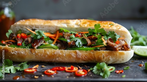 Close up shot of a banh mi sandwich filled with meat and vegetables on a wooden cutting board
