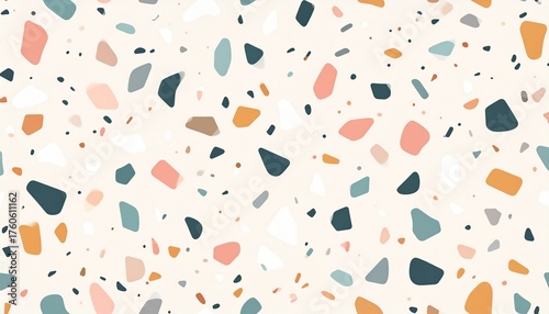 A seamless pattern of colorful terrazzo fragments on a light cream background, evoking a modern and playful aesthetic.