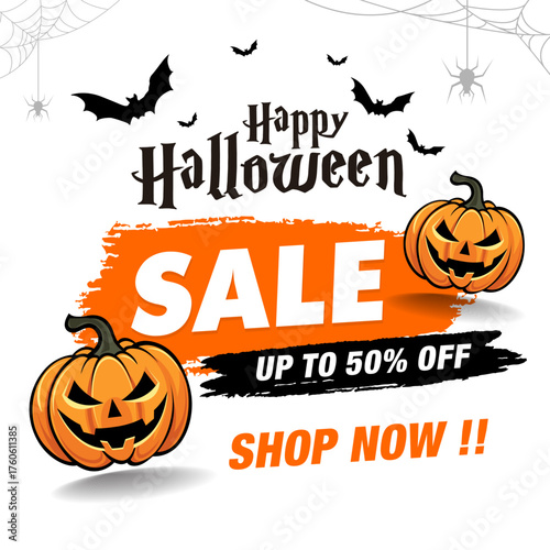 Bright Halloween sale banner with pumpkins, bats, and bold orange accents promoting up to 50% discount.