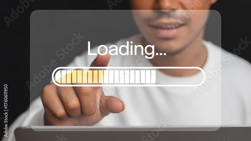 Businessman using laptop with loading bar on virtual screen to install or download software. progress bar, update, upgrade.	