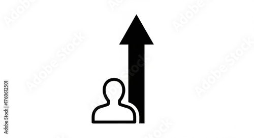 Black and white illustration of personal growth with a figure and an arrow pointing upwards, symbolizes career advancement