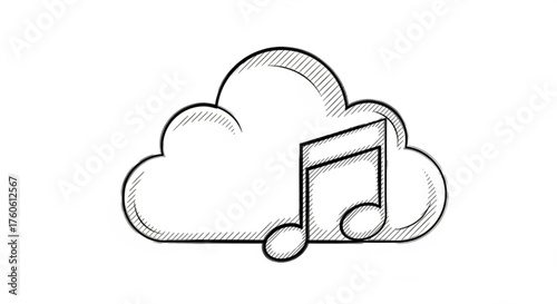 Cloud music note, representing cloudbased music services, digital music, and online audio streaming in a simple sketch