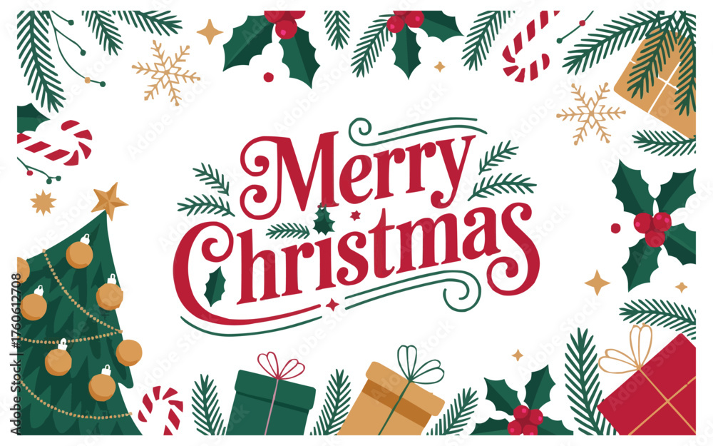 Fototapeta premium Festive Merry Christmas wishes with gifts and decorated tree for holiday cheer and joyful celebrations, perfect for seasonal greetings and festive designs