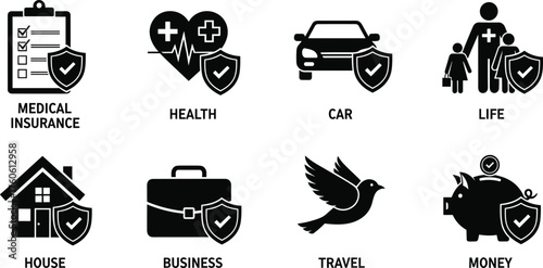Insurance protection icon set with medical, health, car, life, house, business, travel, and money coverage symbols in vector design