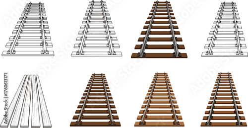 Railroad track icon set with perspective views, wooden ties, metal rails, and line art styles for transport vector designRailroad track icon set with perspective views, wooden ties, metal rails, and l