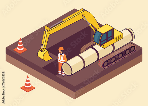 Water supply system installation concept with workers and machinery in isometric vector style.