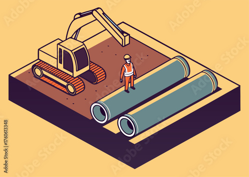 Public waterworks installation isometric concept showing underground pipe system and construction workers.