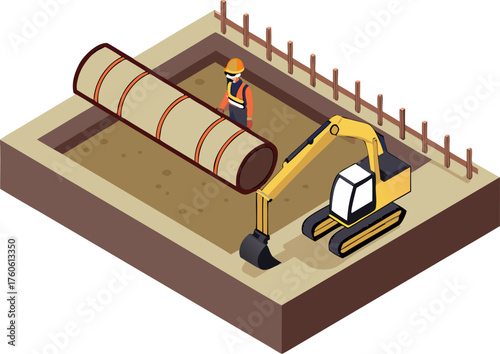 Isometric illustration of underground water pipe construction with excavator and site engineer.