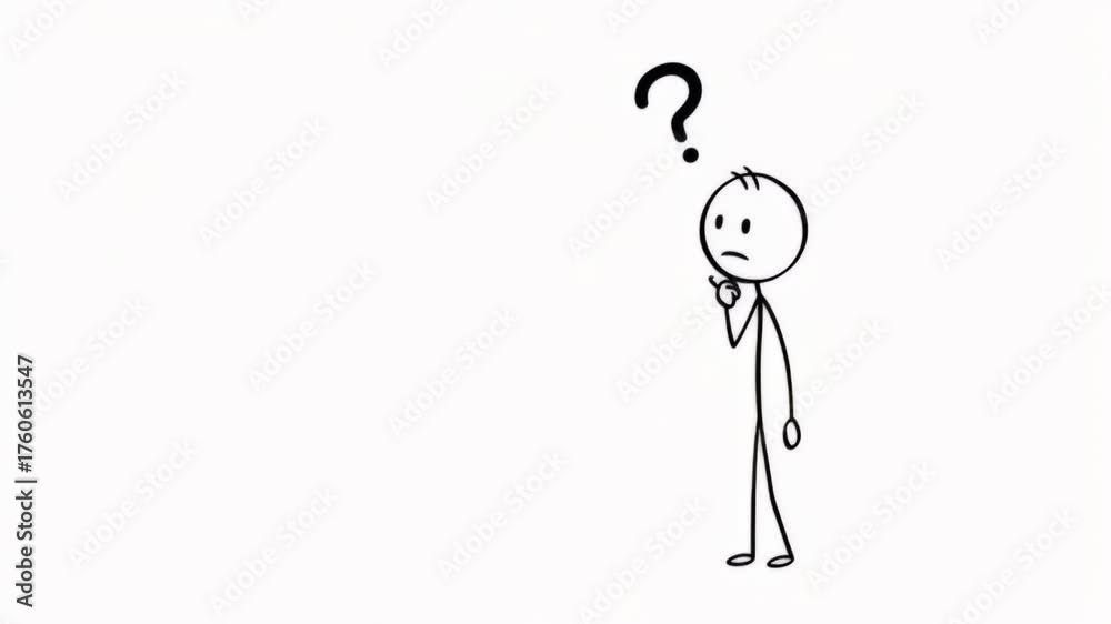 Animated stick figure contemplating a question mark on a clean white ...