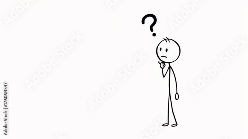 Animated stick figure contemplating a question mark on a clean white background