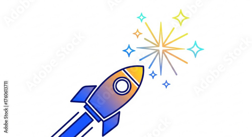 A vibrant rocket ship soars upwards, leaving a trail of sparkling stars, it symbolizes ambition, innovation, and the pursuit of dreams