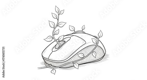 A computer mouse entwined with growing vines, it symbolizes the fusion of technology and nature, representing sustainable innovation