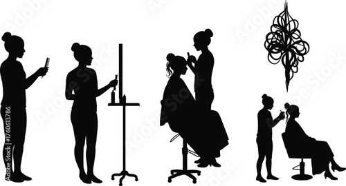 Beauty salon silhouette, hairstyling process, makeup application, mirror reflection, cosmetic service, professional grooming, stylist at work, personal care, spa treatment