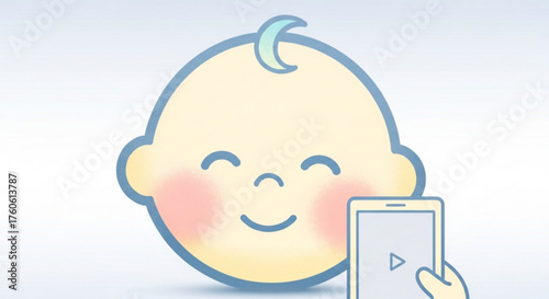 A cute baby face with a small tuft of hair is holding a smartphone with a play button on the screen vector illustration