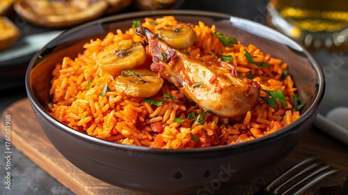 Close up of a bowl with jollof rice chicken and plantains garnished with parsley on a dark background