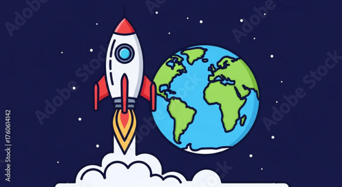 Illustration of a rocket ship taking off from earth into space, symbolizing space exploration, innovation, and the pursuit of new frontiers in science
