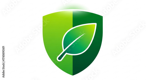 Green shield with leaf symbolizes environmental protection, sustainability, and ecofriendly practices for a healthier planet