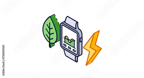 Isometric illustration of a smartwatch displaying a graph, a leaf representing nature, and a lightning bolt symbolizing energy