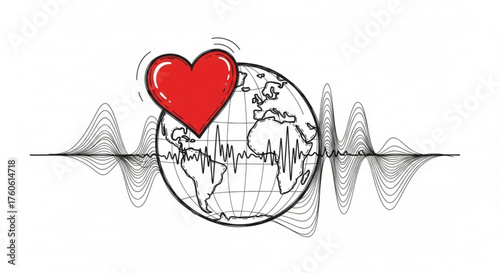 Hand drawn earth globe with red heart and heartbeat line, symbolizing global health and love for the planet