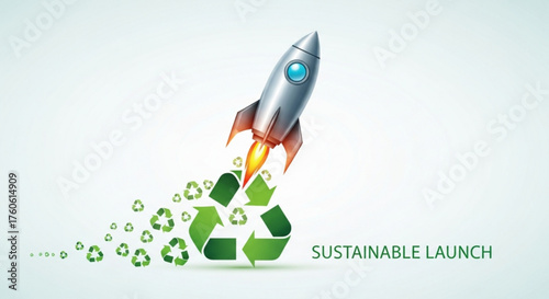 Sustainable launch concept a rocket takes off from a base of recycling symbols, illustrating the start of an environmentally friendly initiative