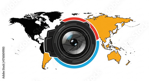 World photography logo with camera lens and world map, symbolizing global reach and connection