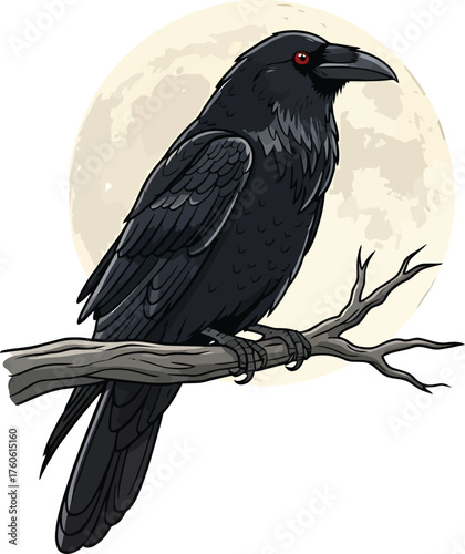 Dark Raven Sitting on Branch with Full Moon Flat Vector Illustration 