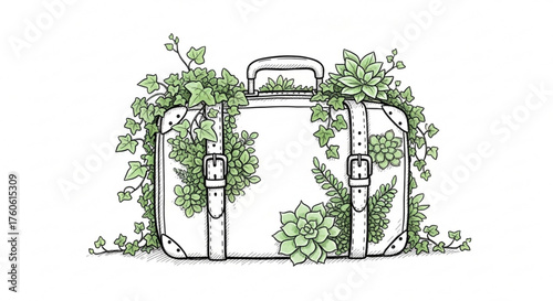 Charming vintage suitcase embellished with vibrant succulents, symbolizing sustainable travel and a love for nature, perfect for ecoconscious explorers