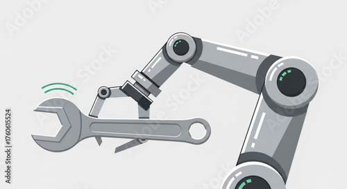 Robotic arm holding wrench, a symbol of automation, technology, and industrial innovation, representing precision engineering and advanced manufacturing