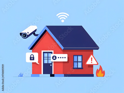 Secure home with surveillance camera lock and warning signs illustrated
