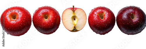 Closeup view of whole and halved red apples against transparent background