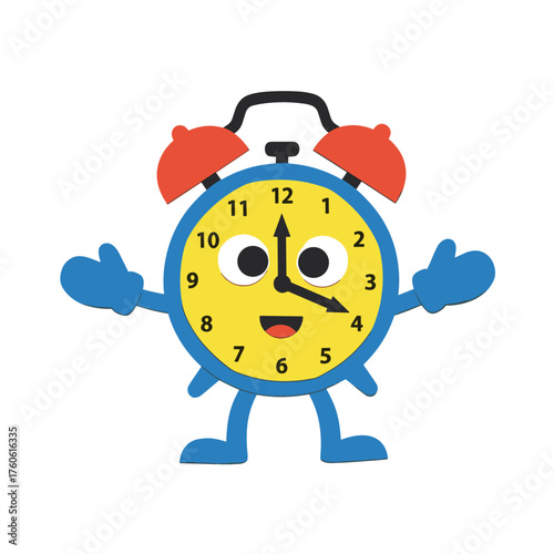 An applique in the form of an alarm clock character with a smiling face and raised arms.  