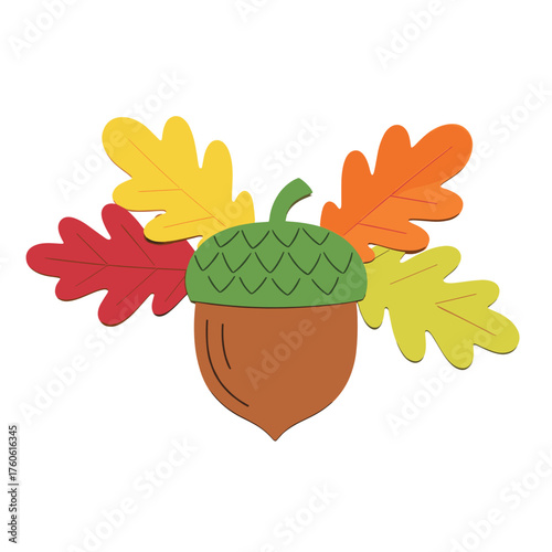 Acorn applique with autumn leaves in colorful flat design.  
