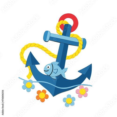 An applique in the form of a colorful anchor with an image of cartoon fish and flowers. 