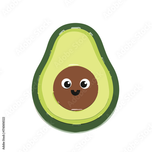 An applique of a cute cartoon avocado with a smiling face and a brown seed inside. 