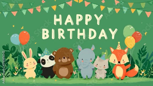 Birthday celebration of a kid concept video. Happy Birthday text with animals and balloons.