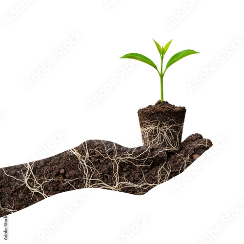  Human Hand Holding Seedling Silhouette Merged with Rich Fertile Soil