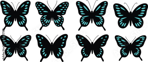 Butterfly illustrations, black and turquoise, wing pattern, visual puzzle, stylized insects, educational design, comparison icons, nature theme, observation skill, graphic art