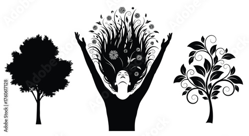 A woman with floral hair surrounded by trees in black and white